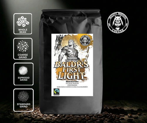 Coffee bag labeled 'Baldur's First Light' with grind options on a dark background