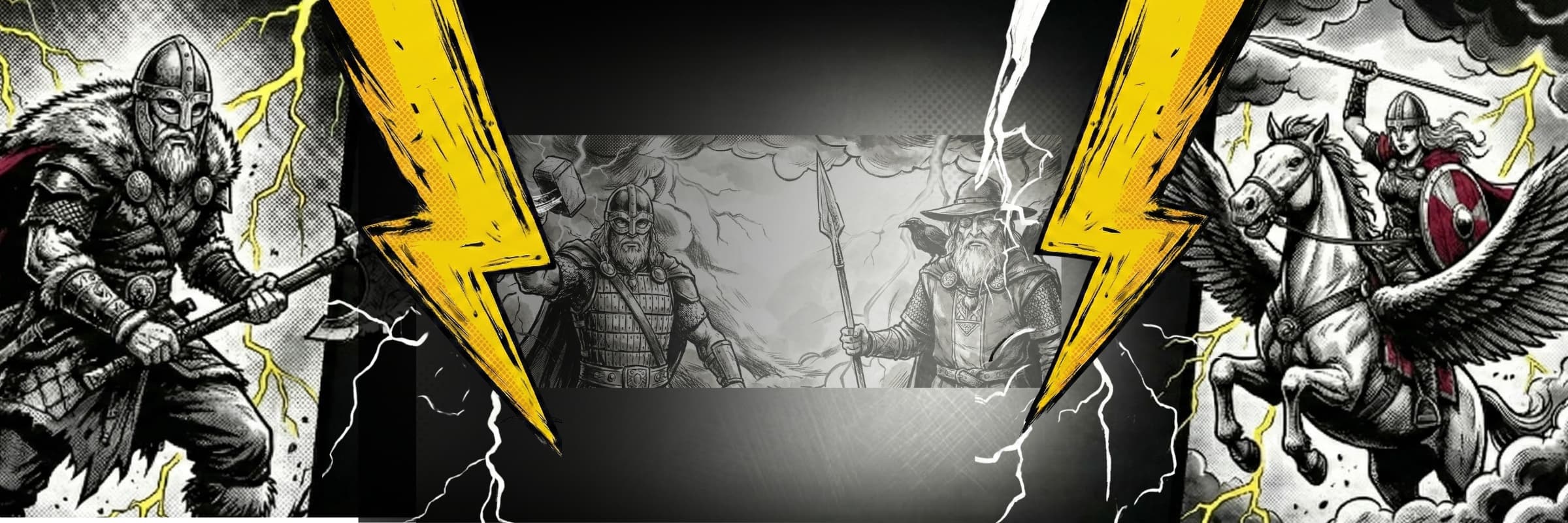 Illustration of a warrior with a lightning bolt and other characters in a dark, dramatic setting.