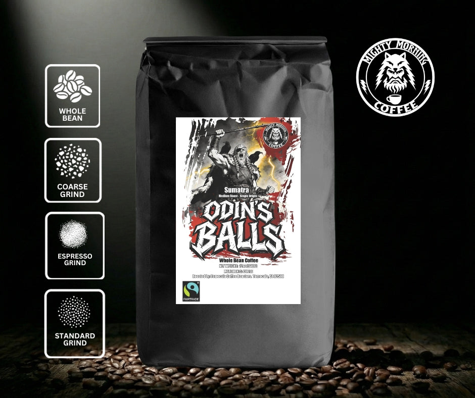 Coffee bag labeled 'Odin's Balls' with coffee bean graphics and branding on a dark background
